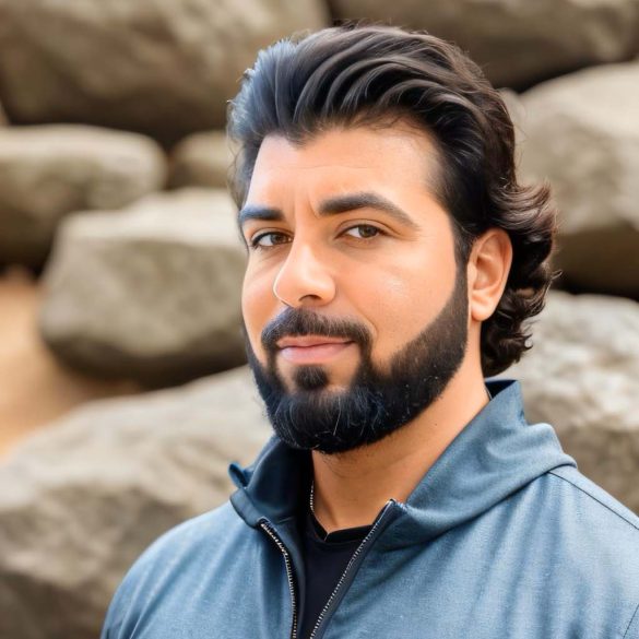 An image of a man standing in front of rocks